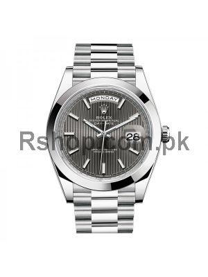 Rolex Day-Date 40 mm Oyster Perpetual Platinum Dark rhodium stripe motif Dial replica watches in karachi,