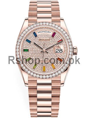 Rolex Day-Date Rainbow Pave Diamond Dial Rose Gold 128345RBR-0042 Watch Price in Pakistan